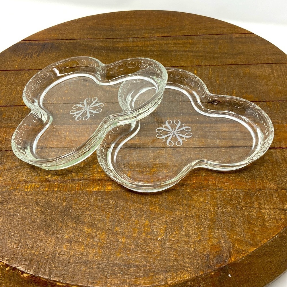 2 Vintage Avon Clover Dish, Etched Clear Glass jewelry tray. Trinket Dish